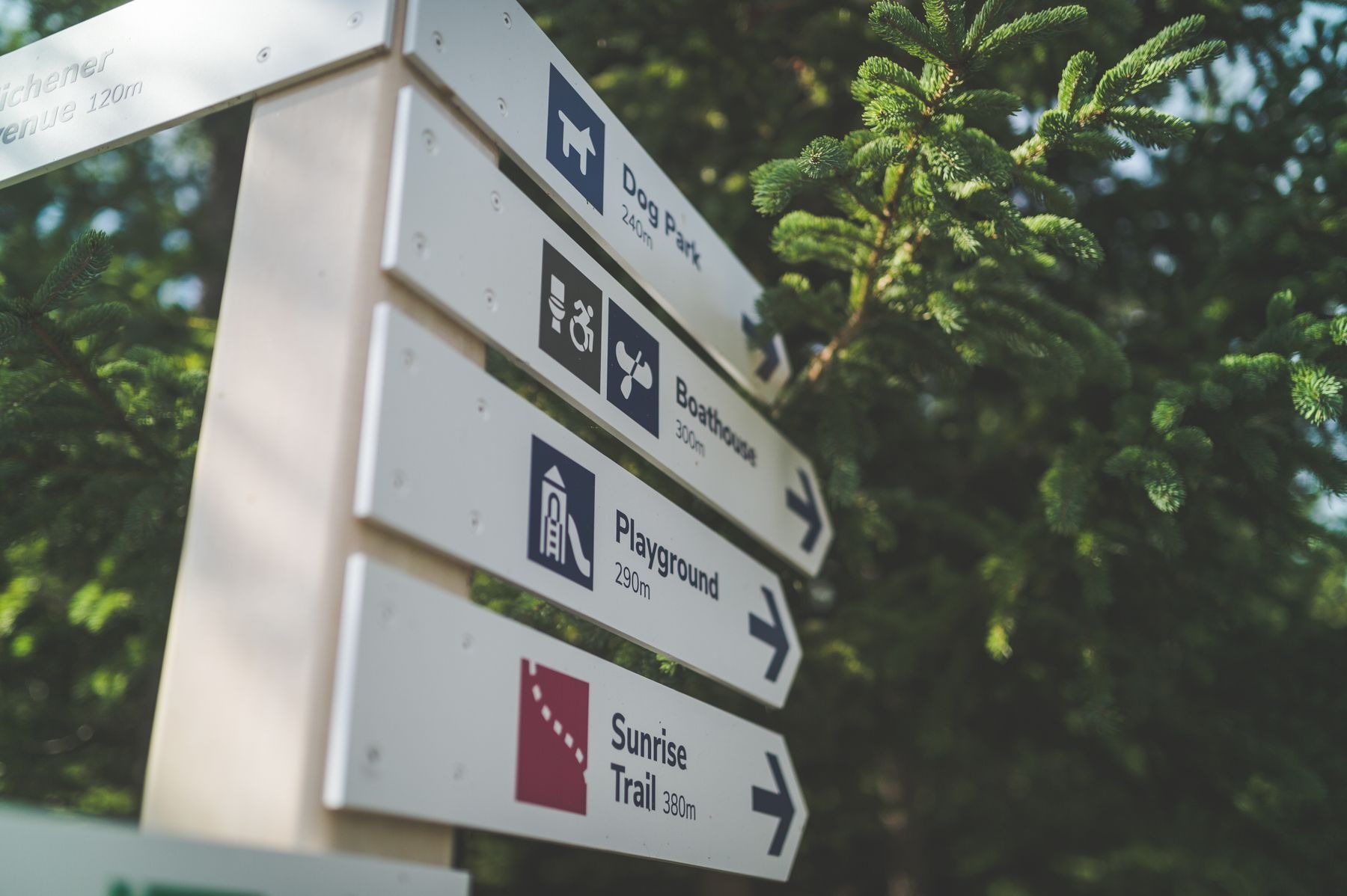 Signpost pointing toward a trail, playground, boathouse and dog park