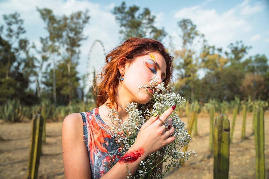 A woman with vibrant makeup embraces flowers in an outdoor setting with distant Ferris wheel.